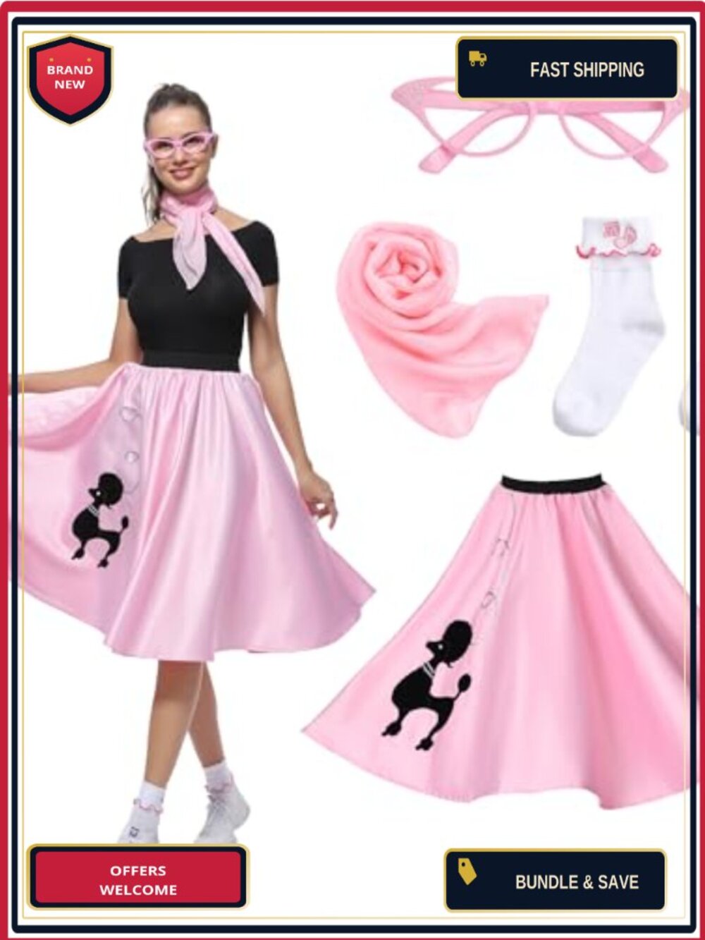 1950s Sock Hop Costume Poodle Skirt Set 4 Piece Adult